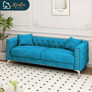 Modern 83-Inch Triple Mid-Century Upholstered Velvet Sofa Free Shipping for Living Room Dining Bedroom Fabric Metal Material