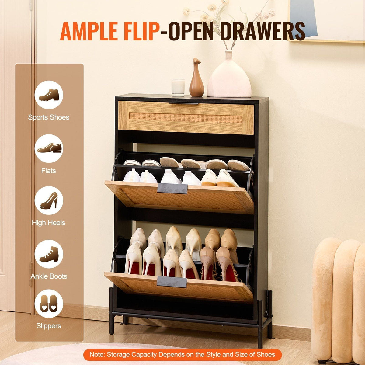 2-Flap Rattan Drawers 1-Slide Drawer Black Metal Legs Slim Narrow Entryway Shoe Storage Organizer Shoe Cabinet
