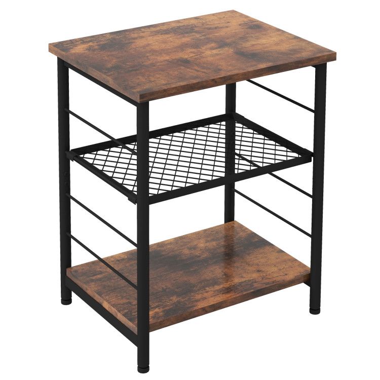 Adjustable 3-Tier Industrial Side Table with Mesh Shelf for Coffee Tables