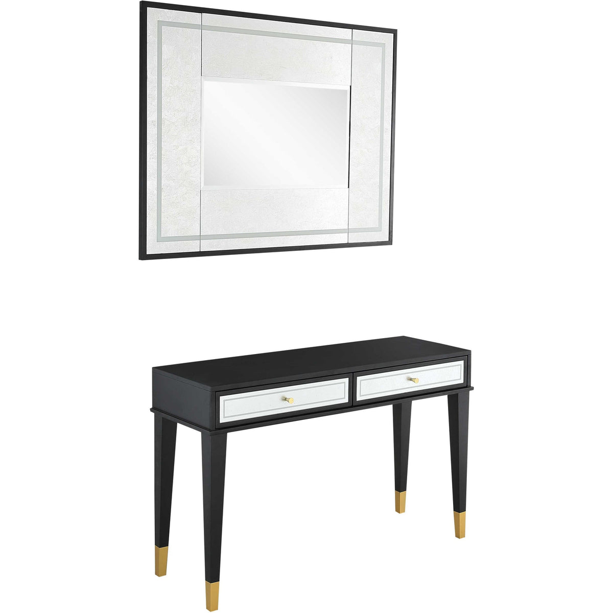 HMS 47\" Black and Silver Mirrored Wood and Glass Console Table with Two Drawers