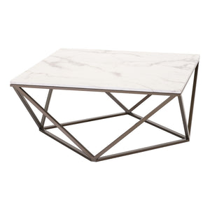 HMS 36\" White and Antiqued Brass Faux Marble and Steel Square Abstract Coffee Table