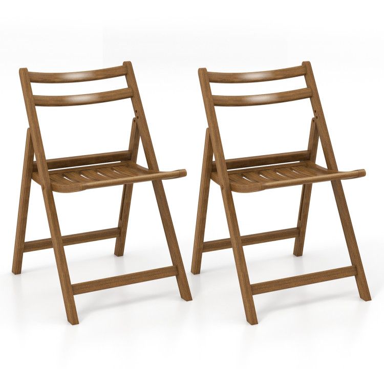 Set of 2 Folding Dining Chairs with Rubber Wood Frame and Slatted Seat for Living Room Use