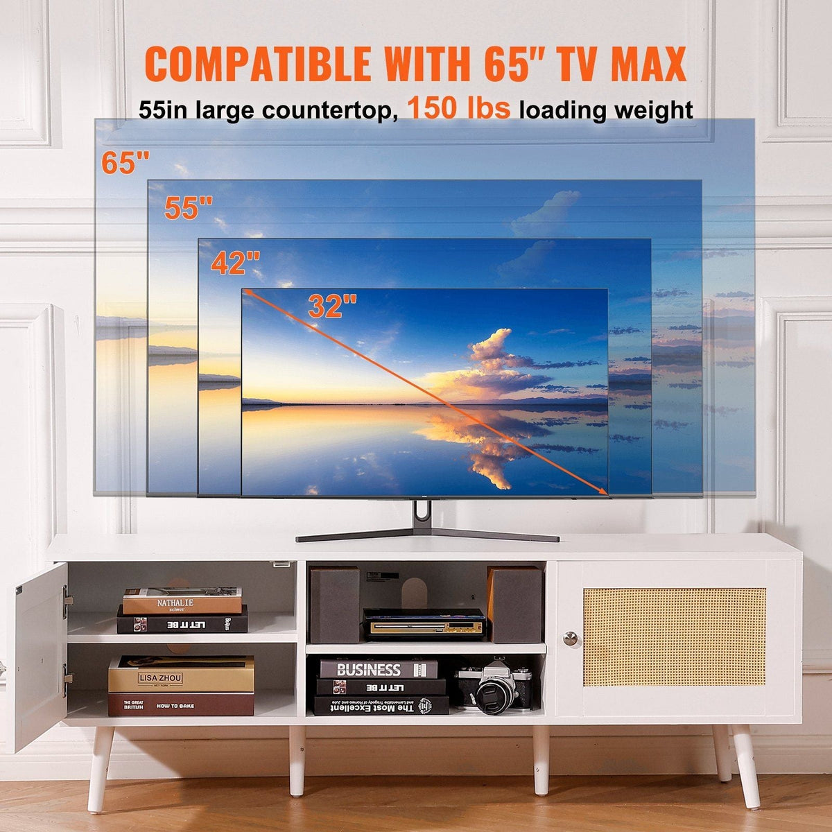 Modern Boho 65-Inch TV Stand Rattan Door White Entertainment Center Living Room Media Room USB Socket Ports for Home Theater