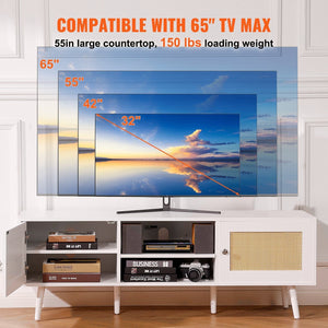 Modern Boho 65-Inch TV Stand Rattan Door White Entertainment Center Living Room Media Room USB Socket Ports for Home Theater