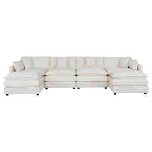 4-Seater Beige Sofa with 2 Footrests for Living Room