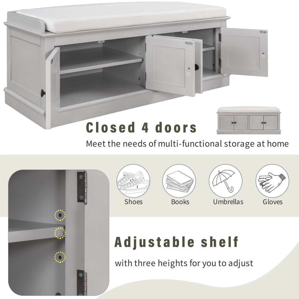 Storage Bench with 4 Doors and Adjustable Shelves, Shoe Bench with Removable Cushion for Living Room