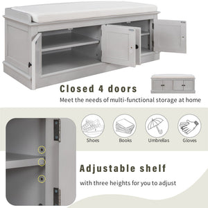 Storage Bench with 4 Doors and Adjustable Shelves, Shoe Bench with Removable Cushion for Living Room