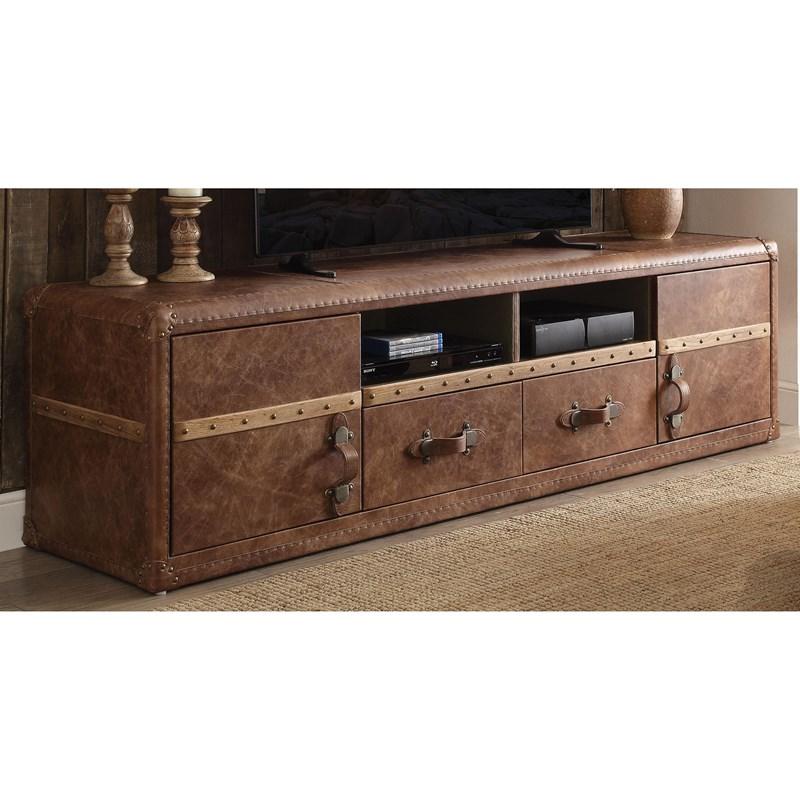 HMS 80 Traditional Luxury TV Stand Brown Leather Enclosed and Open Storage for Living Room Home Furniture