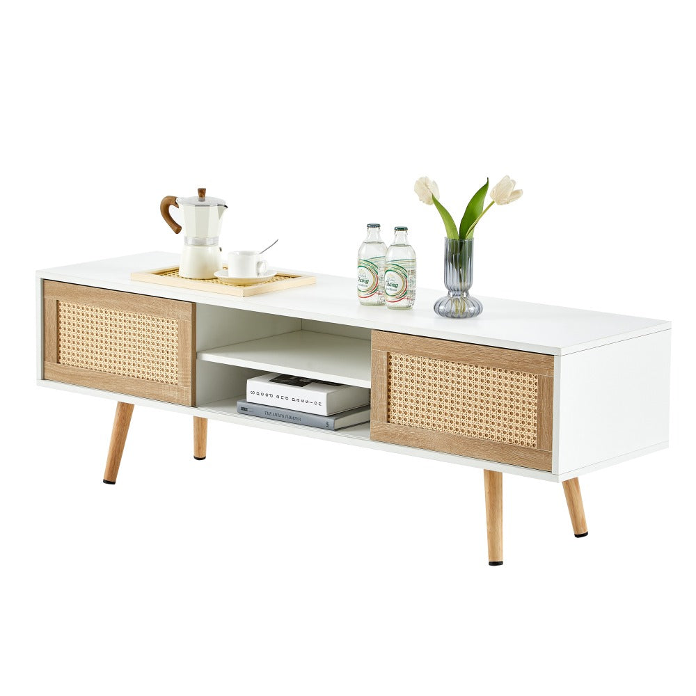 55.12" Rattan TV cabinet, double sliding doors for storage, adjustable shelf, solid wood legs, TV console for living room , Whit
