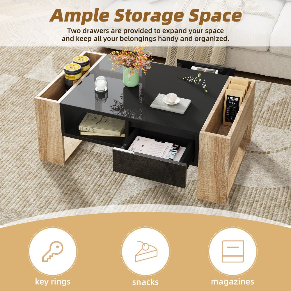 High Glossy Coffee Table with 2 Drawers, Practical Two Tone Center Table with Hidden Compartments, Rectangle Cocktail Table