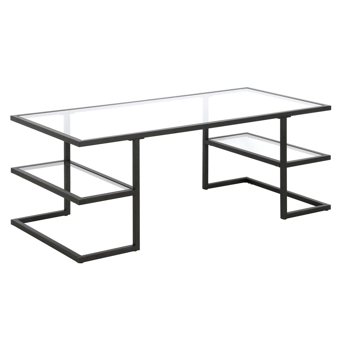 HMS 47\" Black Glass and Steel Coffee Table with Two Shelves Elegant Living Room Furniture for Home Use