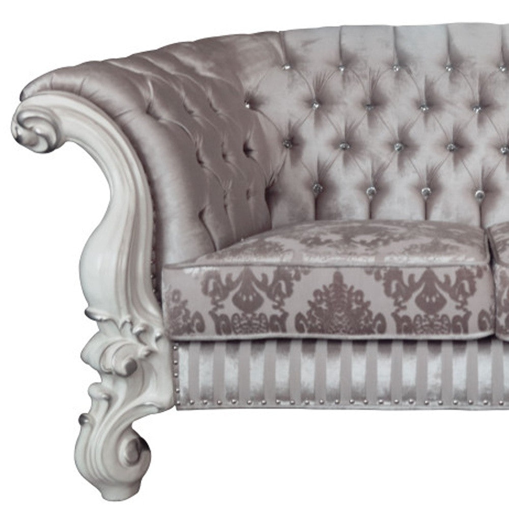 HMS 76 Ivory and Off-White Velvet Chesterfield Sofa Loveseat Set 3-Seater Living Room Furniture with Toss Pillows