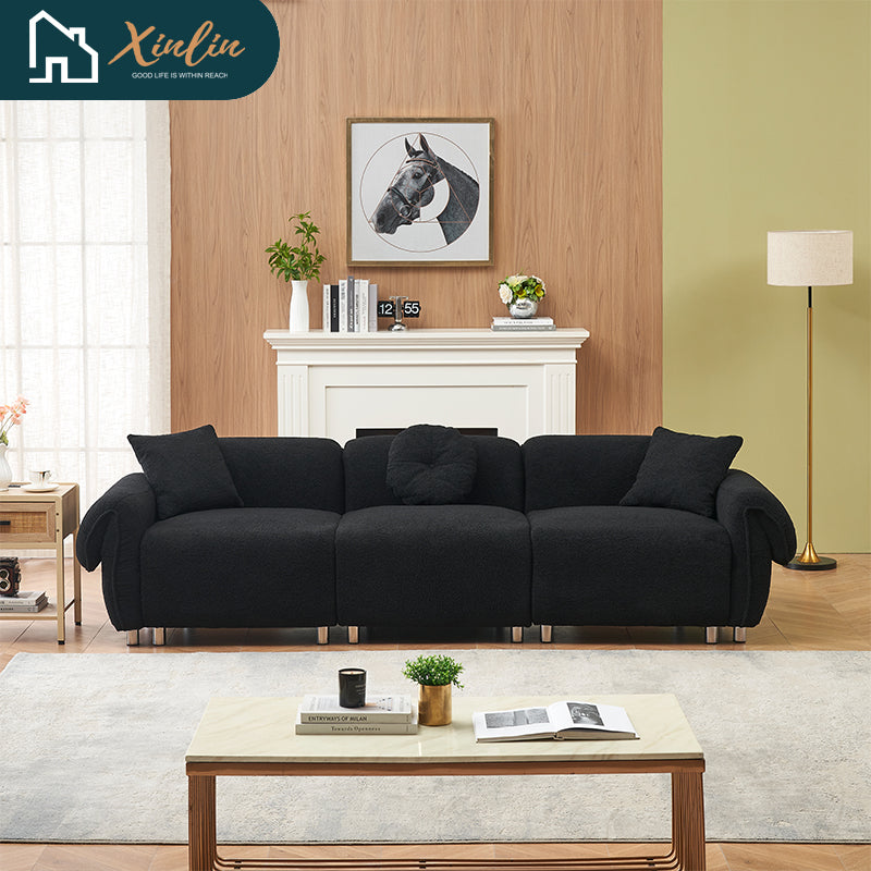 Free Shipping Modern 112-Inch Orange Teddy Velvet Fabric with 3 Wooden Pillows for Three-Seat Sofa in Living Room