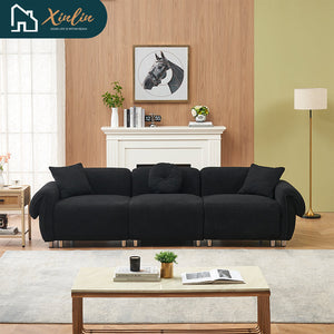 Free Shipping Modern 112-Inch Orange Teddy Velvet Fabric with 3 Wooden Pillows for Three-Seat Sofa in Living Room