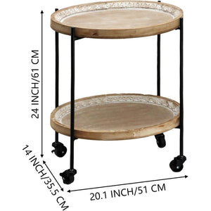 PARISLOFT Farmhouse End Table with Wheels, 2 Tier Side Table with Tray Top, Metal and Wood Rolling Coffee Table for Sofa, Kitche