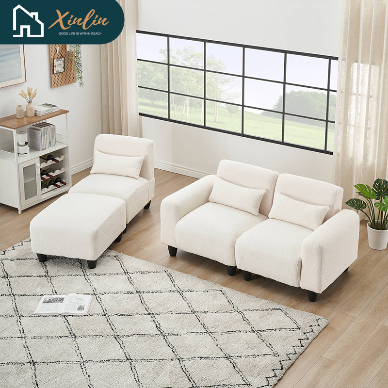 Modern 84.6-inch Beige Teddy Fleece Sofa Creatively Assembled Into a Two-Seater with Single Couch From American Warehouse