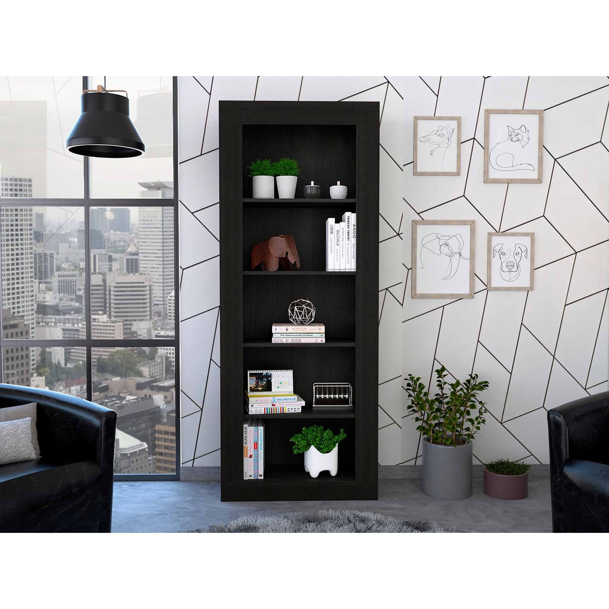 HMS Five Tier Black Bookshelf Rustic Oak Wood for Home Office Workshop Living Room Bedroom or School Use