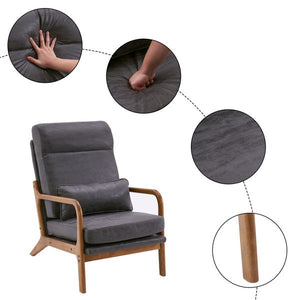 High Back Solid Wood Armrest & Backrest Indoor Leisure Chair Iron Frame with Bronzing Cloth Dark Grey for Living Room