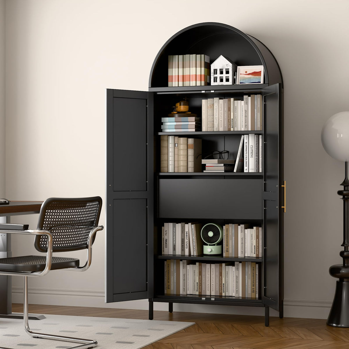 73-inch Tall Metal Arched Cabinet Modern Arch Bookshelf Display Internal Drawers Black FCJ for Home Office Bar Living Room