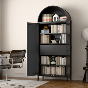 73-inch Tall Metal Arched Cabinet Modern Arch Bookshelf Display Internal Drawers Black FCJ for Home Office Bar Living Room