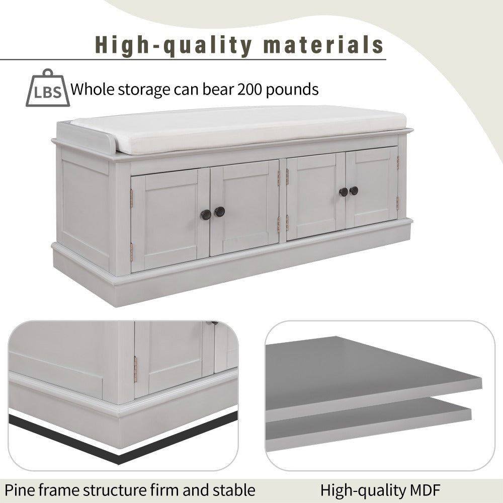 Storage Bench with 4 Doors and Adjustable Shelves, Shoe Bench with Removable Cushion for Living Room