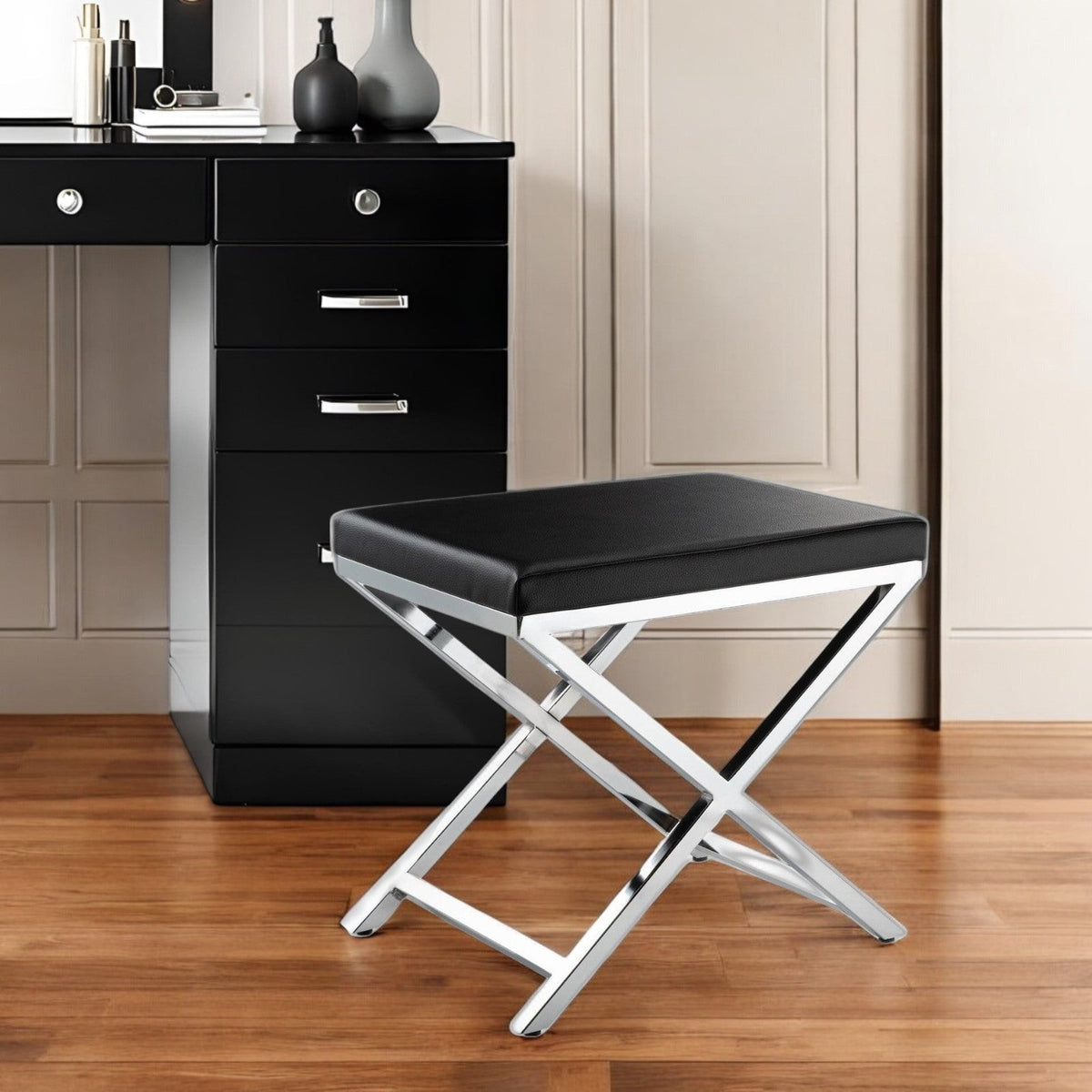 HMS 21\" Black and Silver Faux Leather Vanity Chair for Living Room