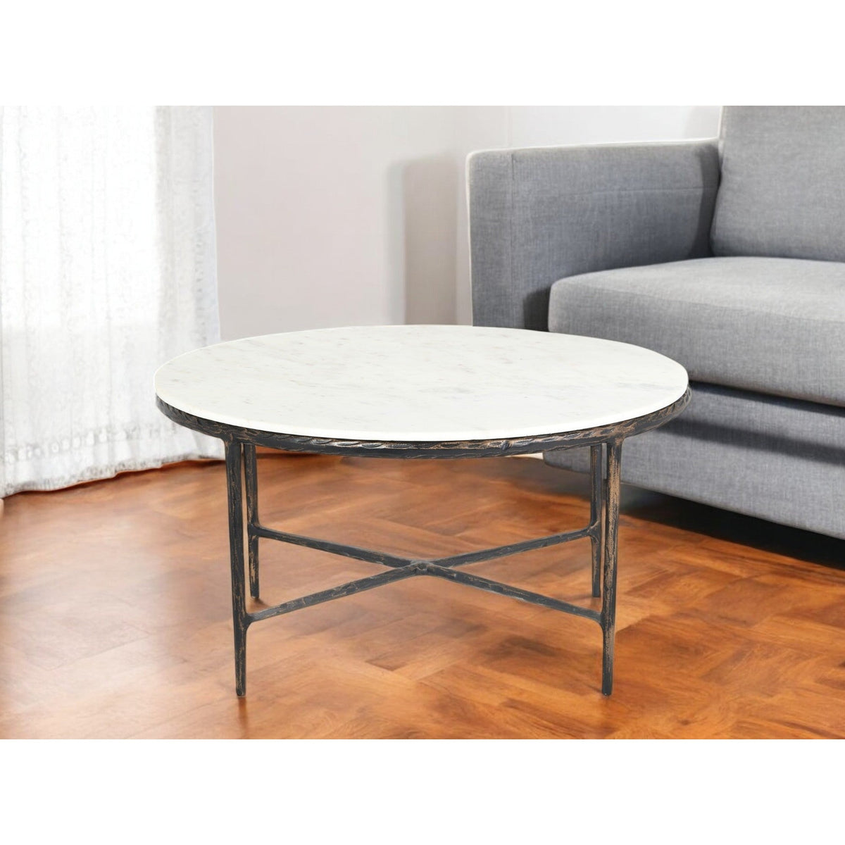 HMS 36\" White and Brown Genuine Marble and Aluminum Round Coffee Table