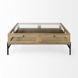 HMS 42\" Clear and Black Glass and Metal Square Coffee Table with Two Drawers and Shelf