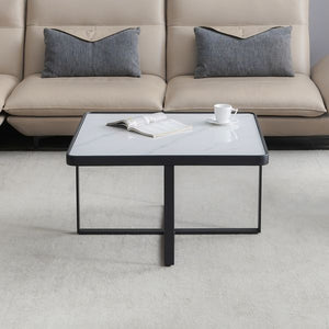 Minimalist Square Coffee Table with Black Metal Frame and Sintered Stone Top Unique Modern Design