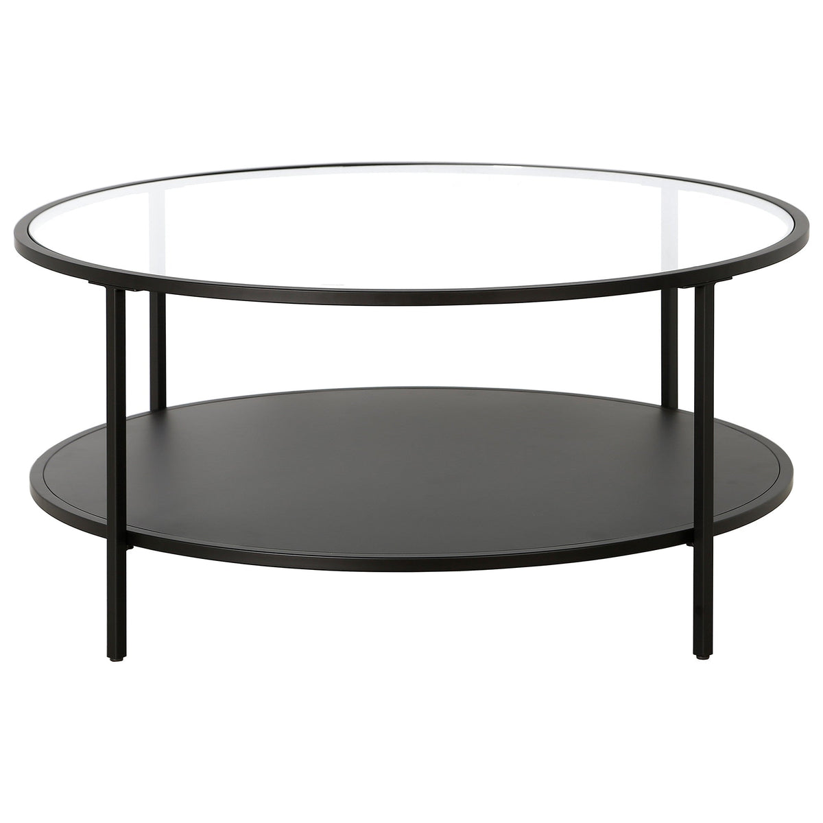 HMS 36\" Farmhouse Style Round Coffee Table with Black Steel Frame Tempered Glass Top Featuring Shelf for Living Room Furniture
