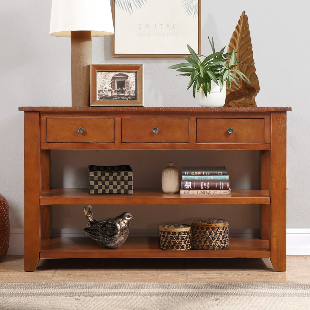 48'' Solid Pine Wood Top Console Table, Modern Entryway Sofa Side Table with 3 Storage Drawers and 2 Shelves