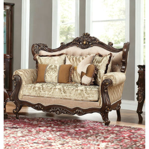 HMS 70 Beige and Brown Chesterfield Loveseat Set Genuine Leather 2-Seater with Toss Pillows for Living Room