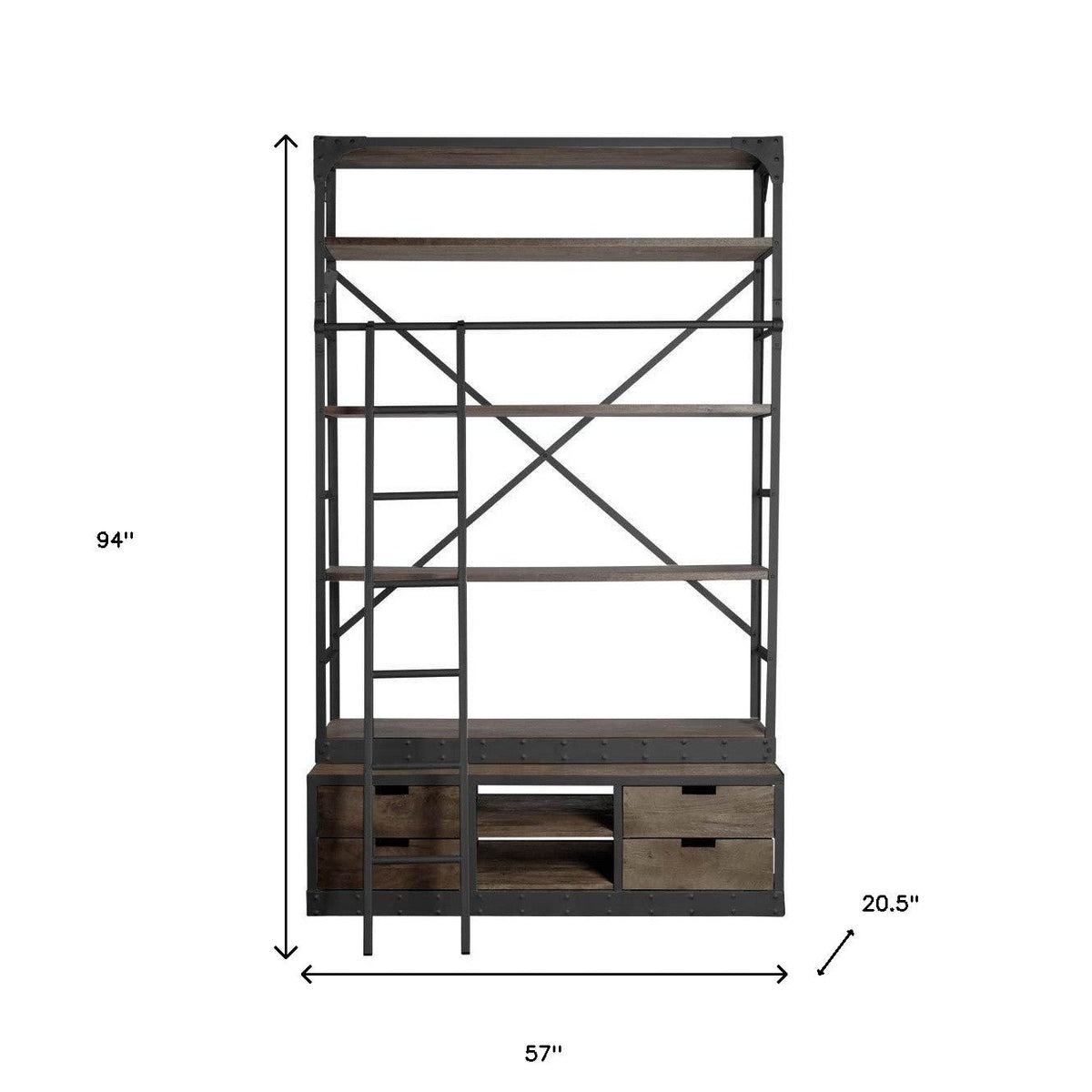HMS 94 Four Tier Ladder Bookcase Brown Metal and MDF Wood for Home Office or Living Room Book Storage Furniture
