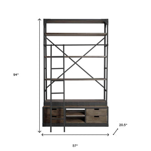 HMS 94 Four Tier Ladder Bookcase Brown Metal and MDF Wood for Home Office or Living Room Book Storage Furniture