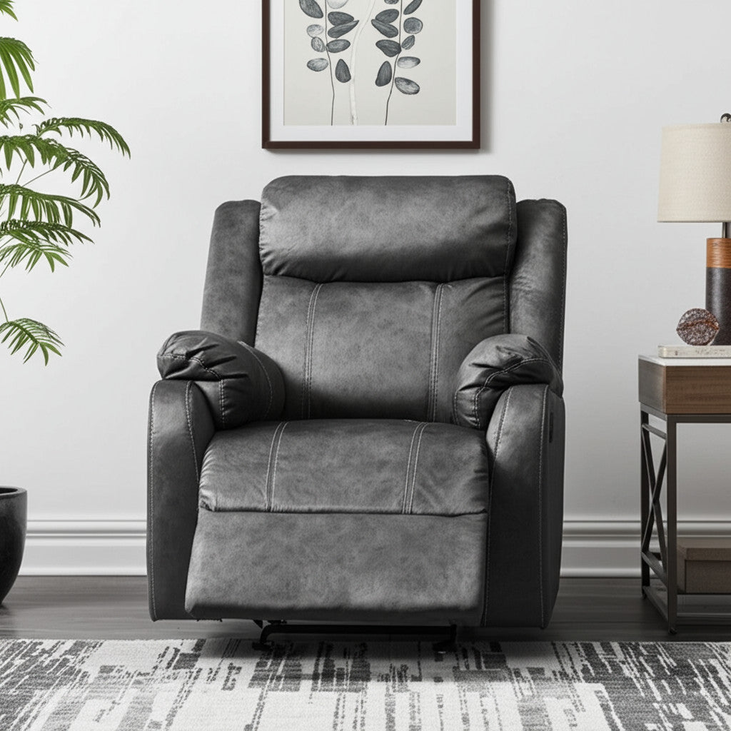 Modern Style 35" Granite Gray Fabric Manual Recliner Extendable Synthetic Leather Upholstery Wood/Metal Frame for Living Room