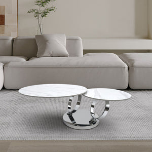 HMS 32\" White and Silver Ceramic Tile and Metal Round Abstract Coffee Table