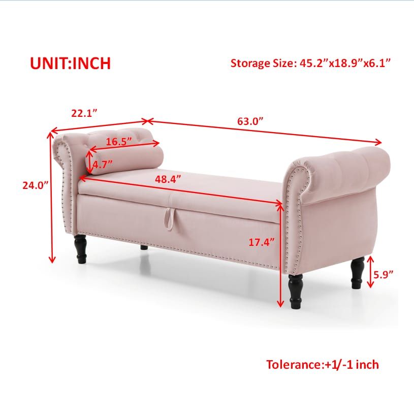 Aijia 63\" Pink Velvet Rectangular Chaise Lounge Stool Multifunctional Storage Tufted Nailhead Trim Solid Wood Legs 1 Pillow