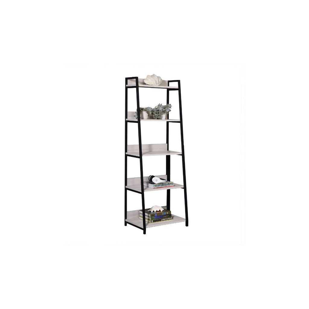 HMS 67 Five Tier Ladder Bookcase in Natural and Black Metal Five Tier Bookcase