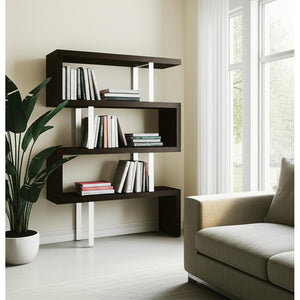 HMS 67 Three-Tier Etagere Bookcase in Black and Silver Metal with Wood Elegant Six-Shelf Display