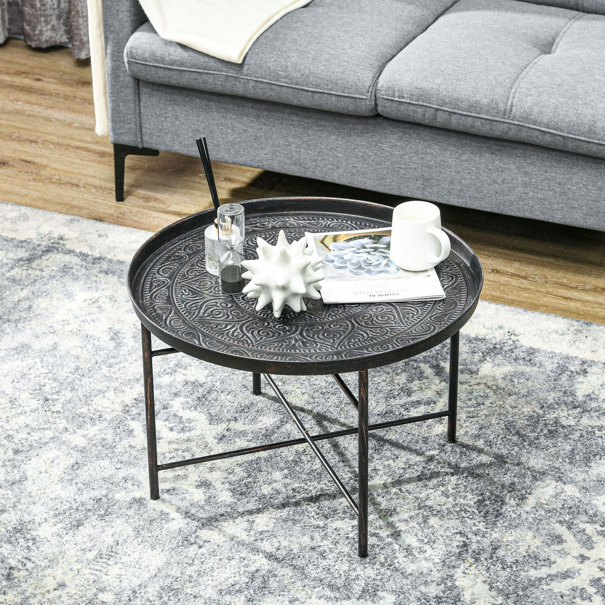 24\" Round Hammered Tray Top Coffee Table with Metal Frame Cafe Table for Living Room and Bedroom in Pewter