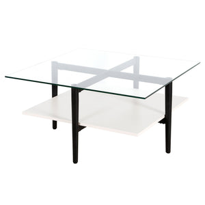 HMS 32\" White and Black Glass and Steel Square Coffee Table with Shelf