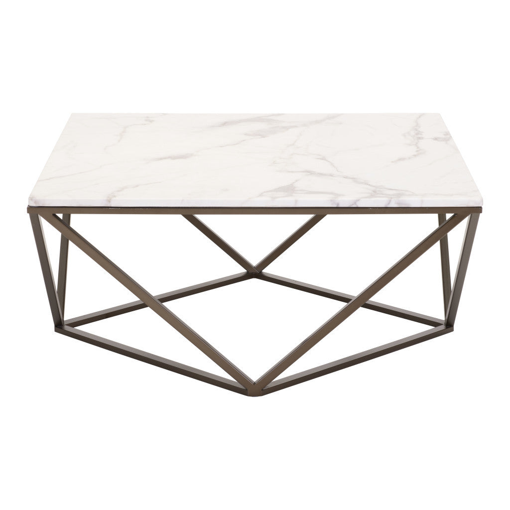 HMS 36\" White and Antiqued Brass Faux Marble and Steel Square Abstract Coffee Table