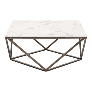 HMS 36\" White and Antiqued Brass Faux Marble and Steel Square Abstract Coffee Table