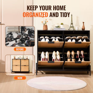 Narrow Entryway Storage Cabinet 4 Flip Drawers Rattan Shoe Organizer Light Wood Color Metal Legs Slim Shoe Rack for Closet