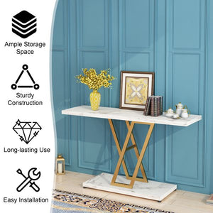 42 Inch Industrial Console Table Easy Assembly Gold/White Metal Frame Entryway Sofa Table Living Room Hallway Table Narrow Table