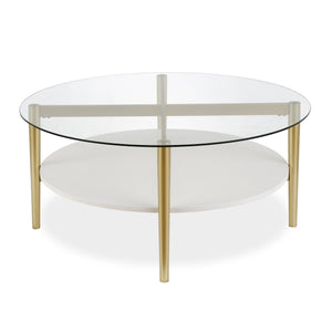 HMS 36\" Clear and Gold Glass and Steel Round Coffee Table with Shelf