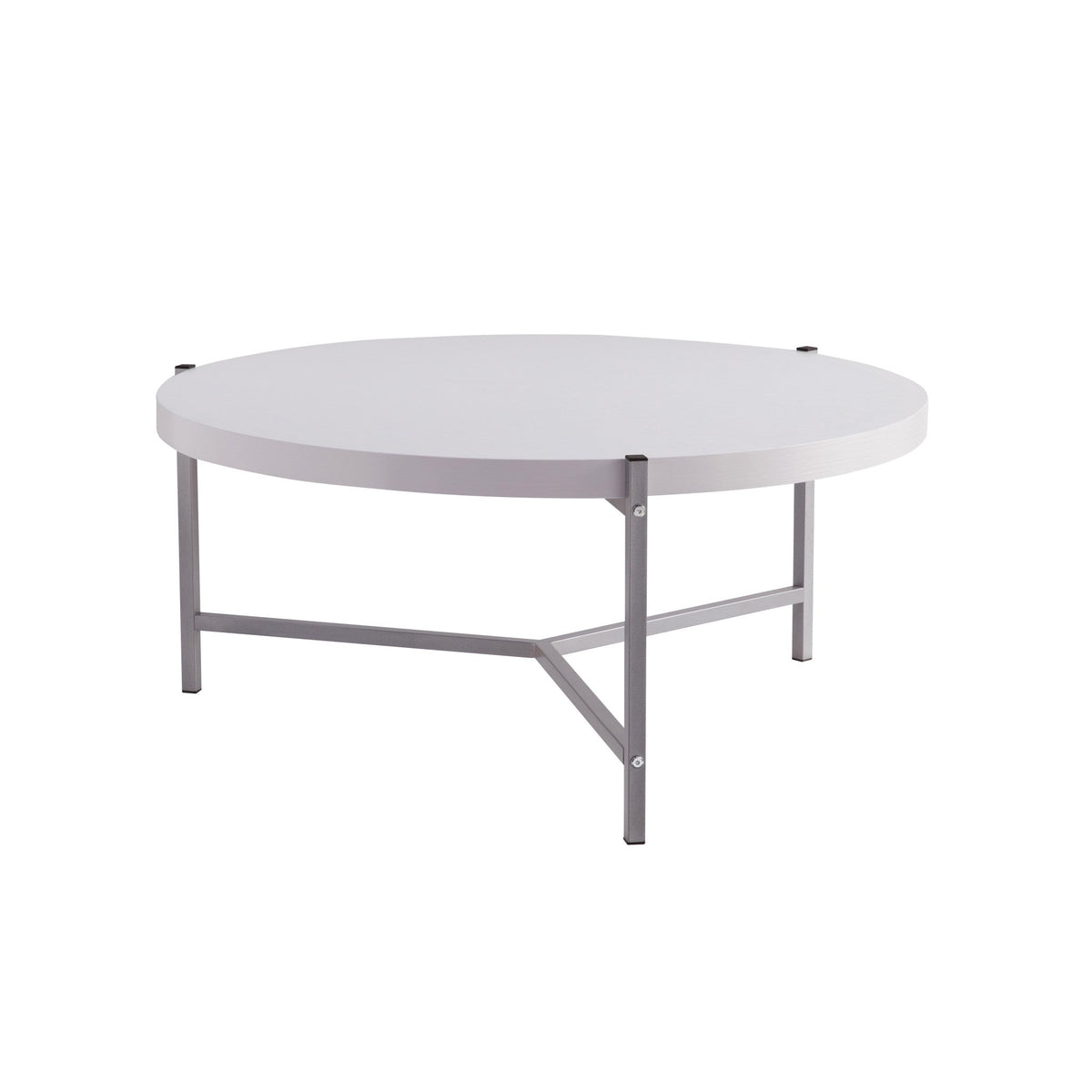 HMS 37\" White and Silver Round Coffee Table with Wood and Stainless Steel Finish