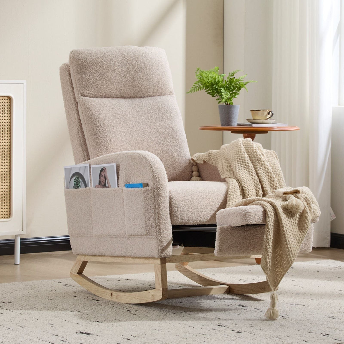 Modern Accent Armchair High Backrest Solid Wood Legs Beige Upholstery Comfortable Rocking Nursery Glider for Living Room Side