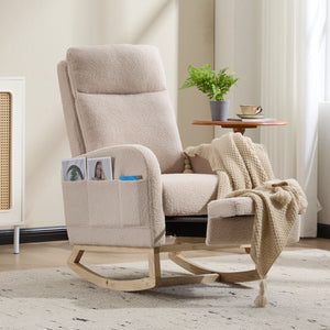 Modern Accent Armchair High Backrest Solid Wood Legs Beige Upholstery Comfortable Rocking Nursery Glider for Living Room Side