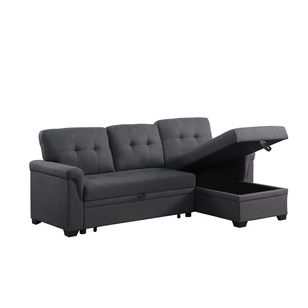 Lucca 84" Dark Gray Linen Reversible Sleeper Sectional Sofa with Storage Chaise